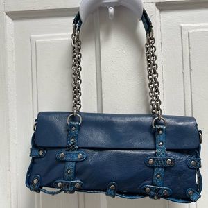 Cynthia Rowley Blue Leather Shoulder Bag w/ Snake Print Detail & Chain Handles